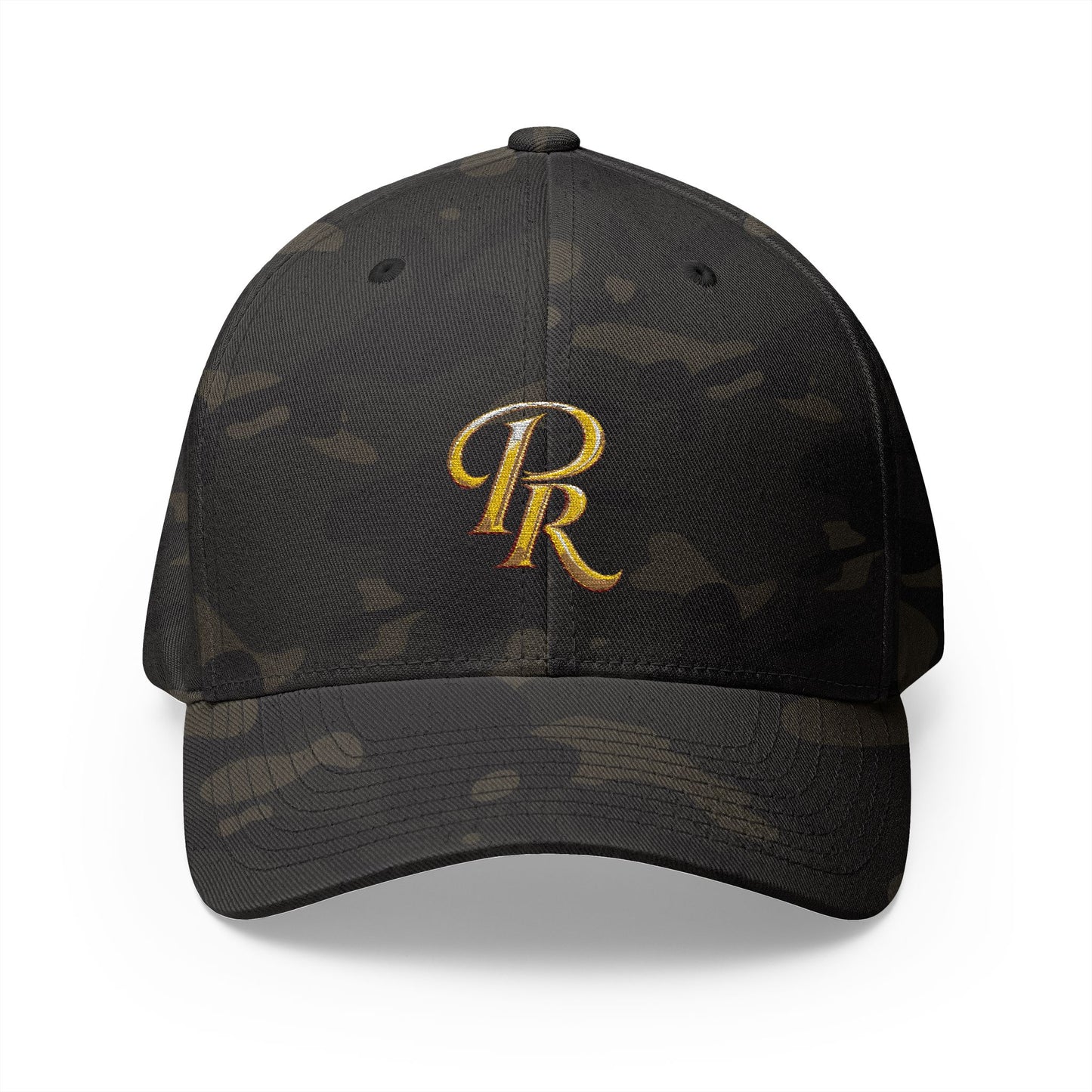 Embroidered Gold Script 'PR' Cap — Structured Closed-Back Baseball Hat