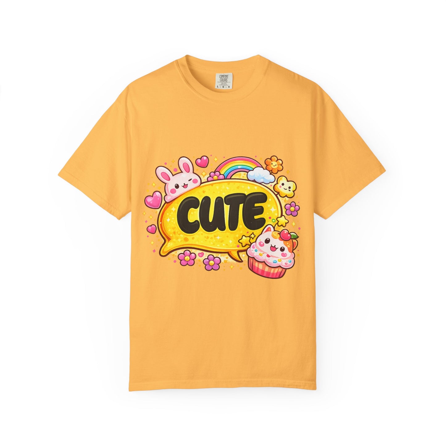 Cute Kawaii Graphic T-Shirt — Cute Bubble Text with Bunny, Rainbow & Cupcake