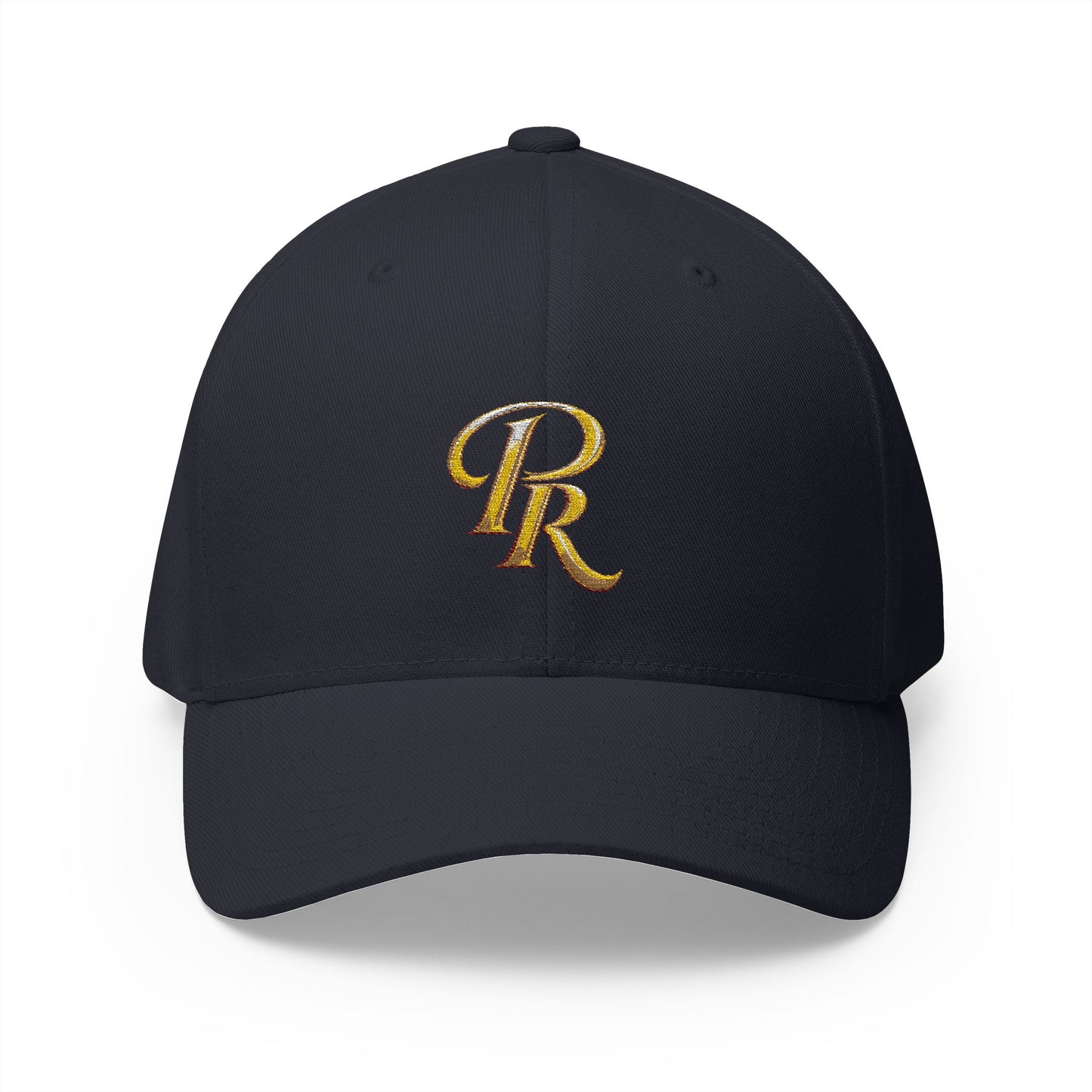 Embroidered Gold Script 'PR' Cap — Structured Closed-Back Baseball Hat