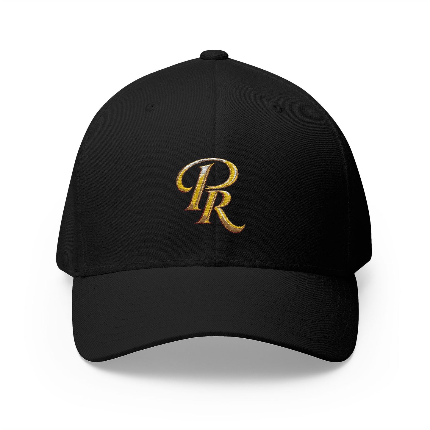 Embroidered Gold Script 'PR' Cap — Structured Closed-Back Baseball Hat