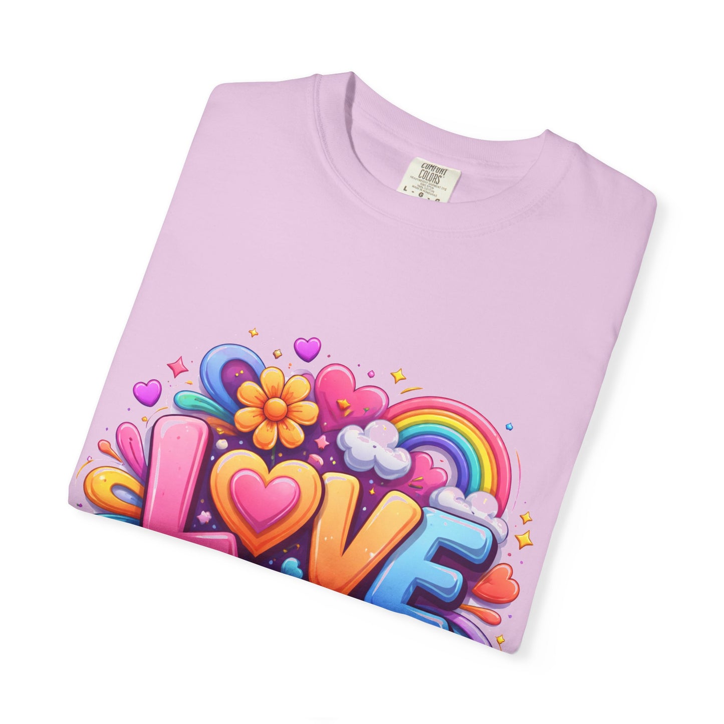 Love Pop Art T-Shirt — Colorful Rainbow Heart & Flower Graphic Tee