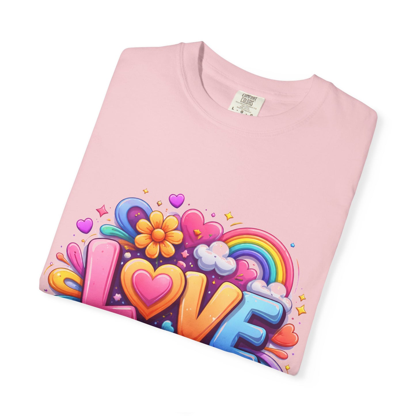Love Pop Art T-Shirt — Colorful Rainbow Heart & Flower Graphic Tee