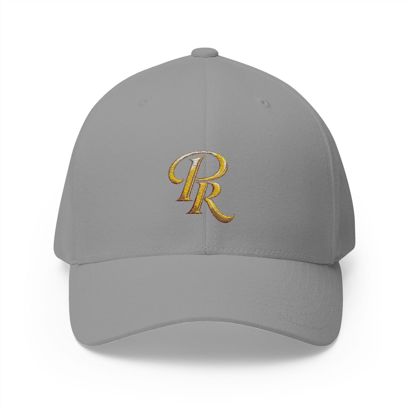 Embroidered Gold Script 'PR' Cap — Structured Closed-Back Baseball Hat