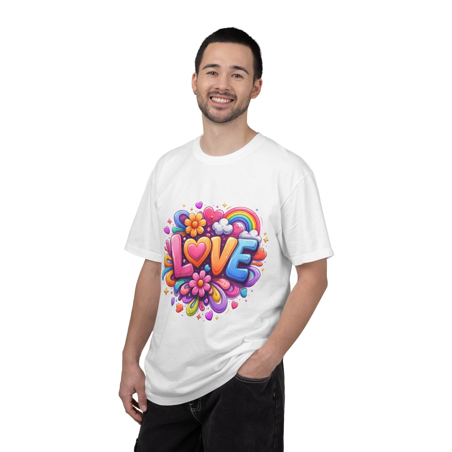 Love Pop Art T-Shirt — Colorful Rainbow Heart & Flower Graphic Tee