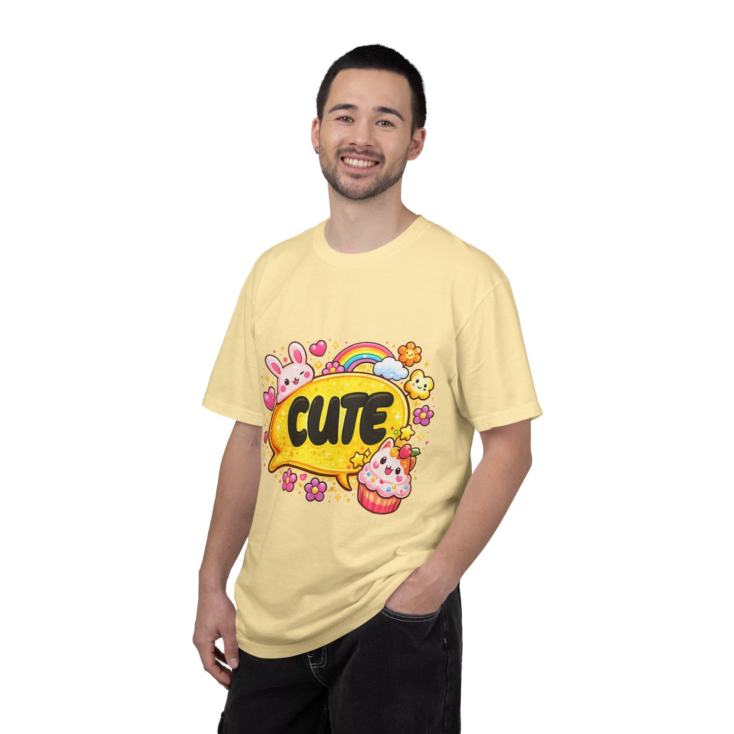 Cute Kawaii Graphic T-Shirt — Cute Bubble Text with Bunny, Rainbow & Cupcake