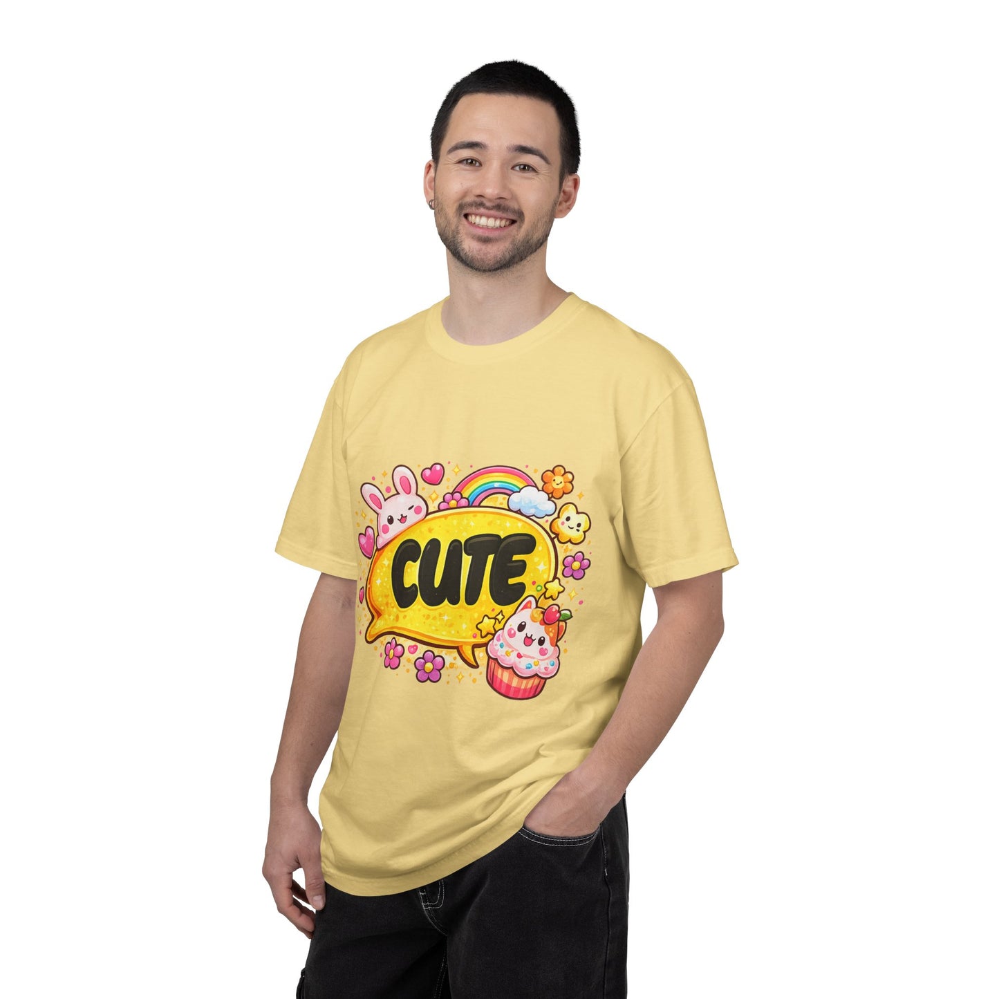 Cute Kawaii Graphic T-Shirt — Cute Bubble Text with Bunny, Rainbow & Cupcake