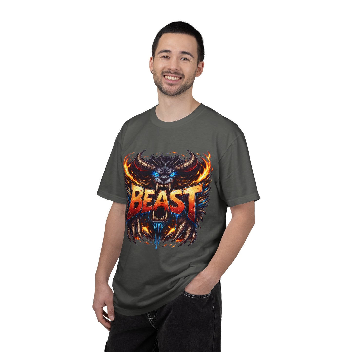 Beast Graphic T-Shirt — Fierce Monster Design, Bold Flame Typography