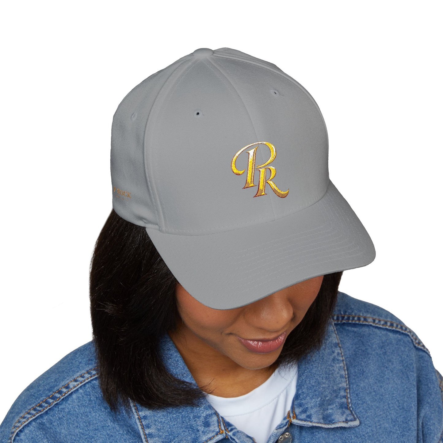 Embroidered Gold Script 'PR' Cap — Structured Closed-Back Baseball Hat