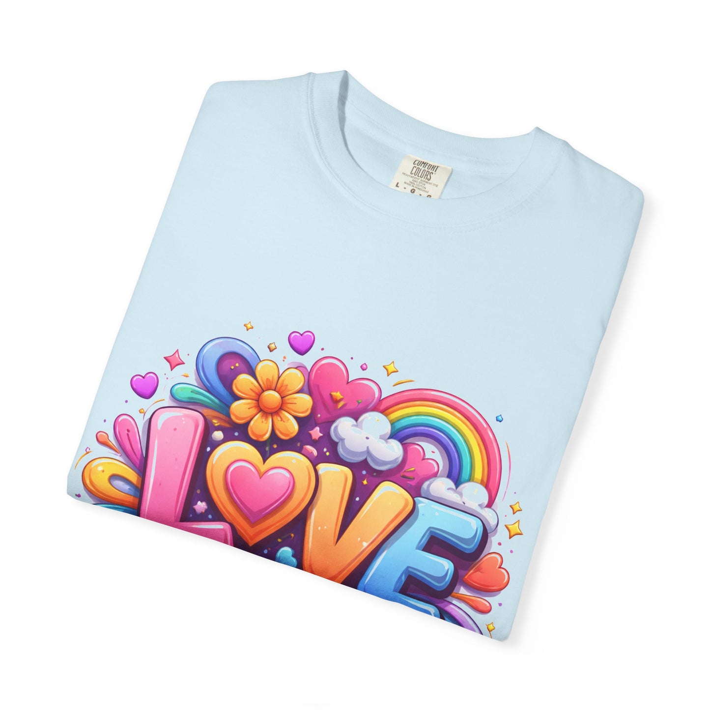 Love Pop Art T-Shirt — Colorful Rainbow Heart & Flower Graphic Tee