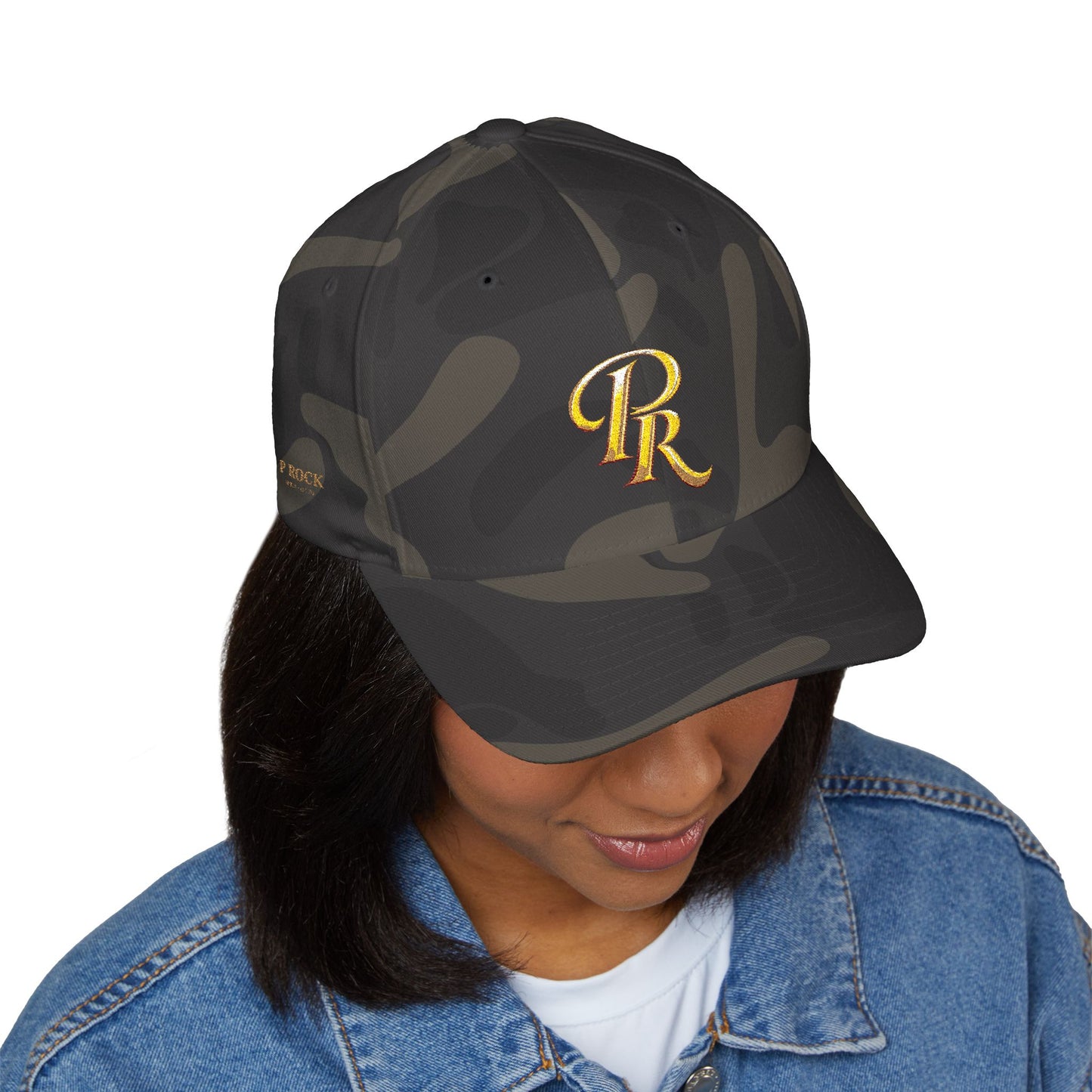 Embroidered Gold Script 'PR' Cap — Structured Closed-Back Baseball Hat