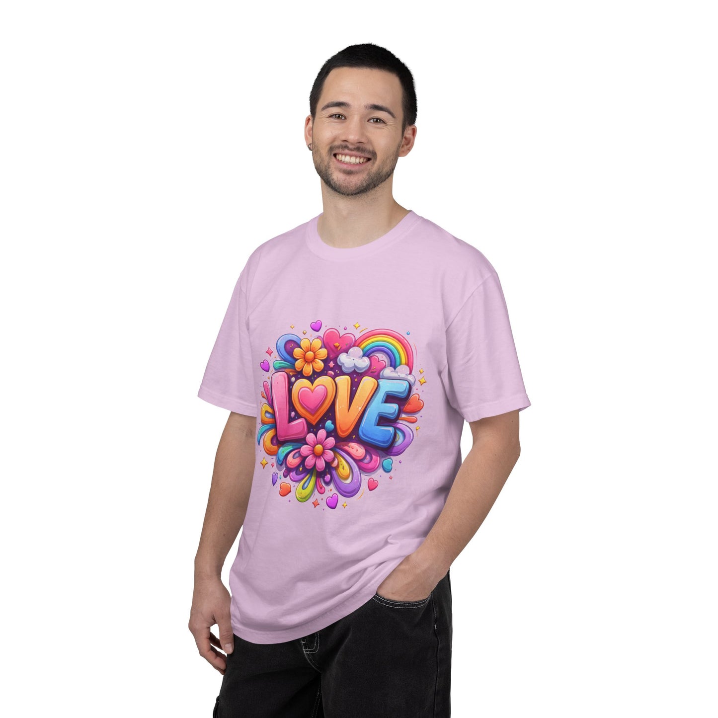 Love Pop Art T-Shirt — Colorful Rainbow Heart & Flower Graphic Tee