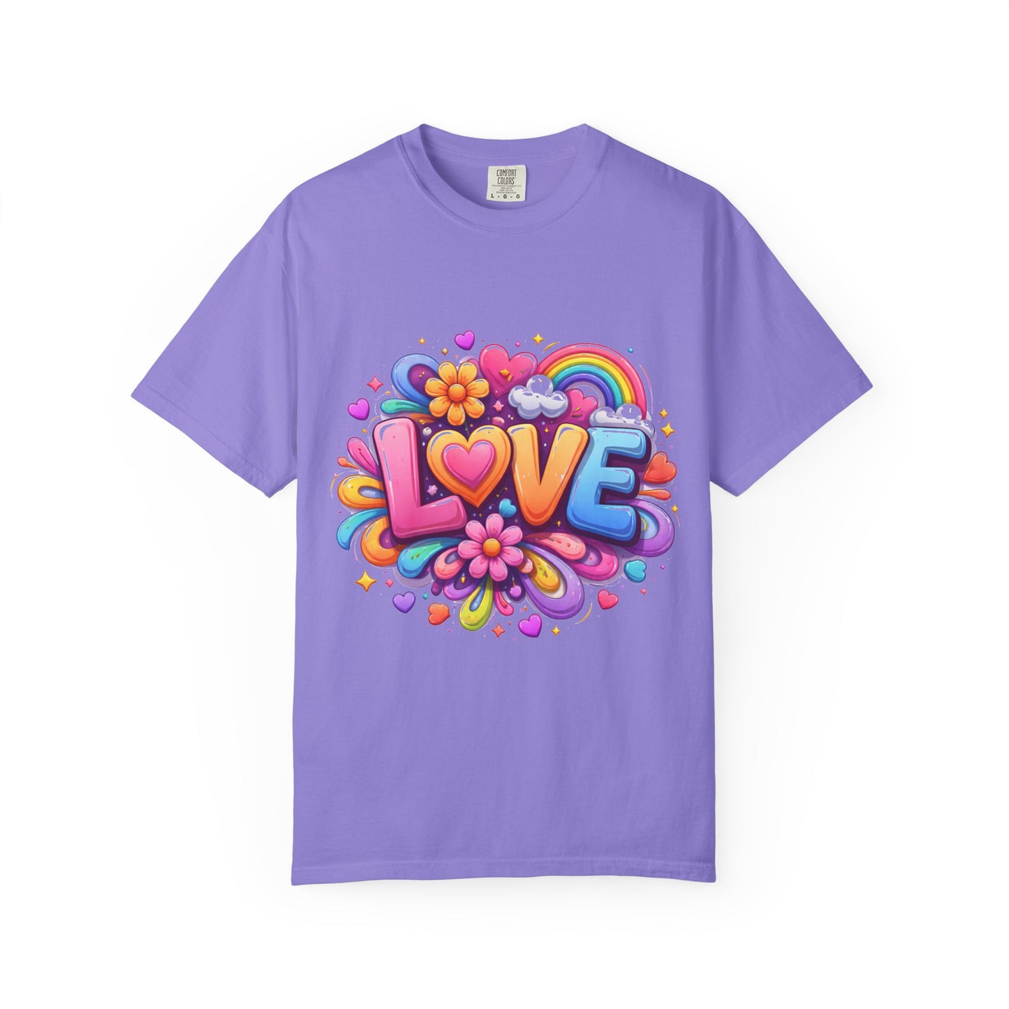 Love Pop Art T-Shirt — Colorful Rainbow Heart & Flower Graphic Tee