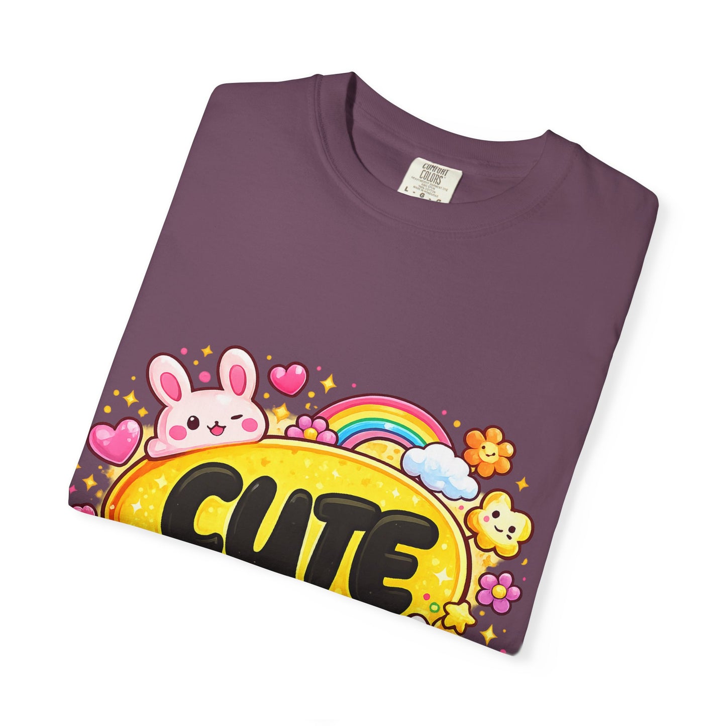 Cute Kawaii Graphic T-Shirt — Cute Bubble Text with Bunny, Rainbow & Cupcake