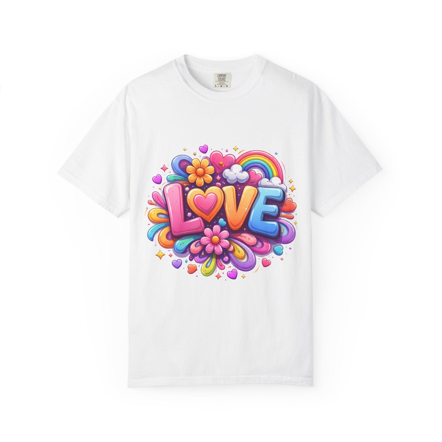 Love Pop Art T-Shirt — Colorful Rainbow Heart & Flower Graphic Tee