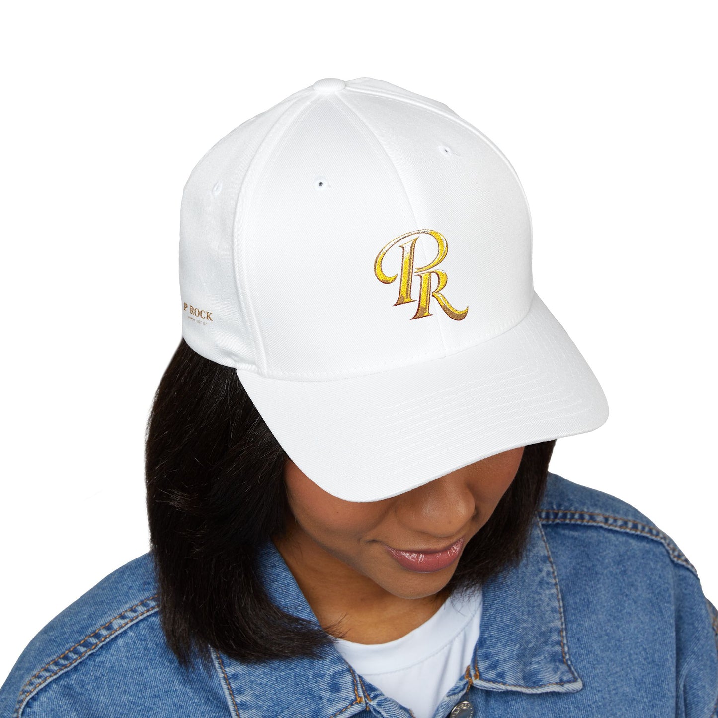 Embroidered Gold Script 'PR' Cap — Structured Closed-Back Baseball Hat