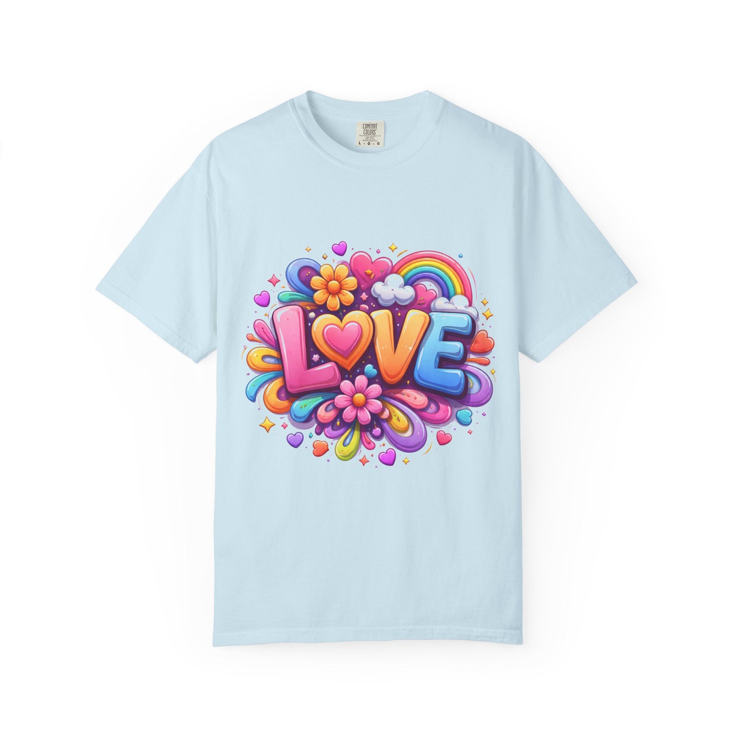 Love Pop Art T-Shirt — Colorful Rainbow Heart & Flower Graphic Tee
