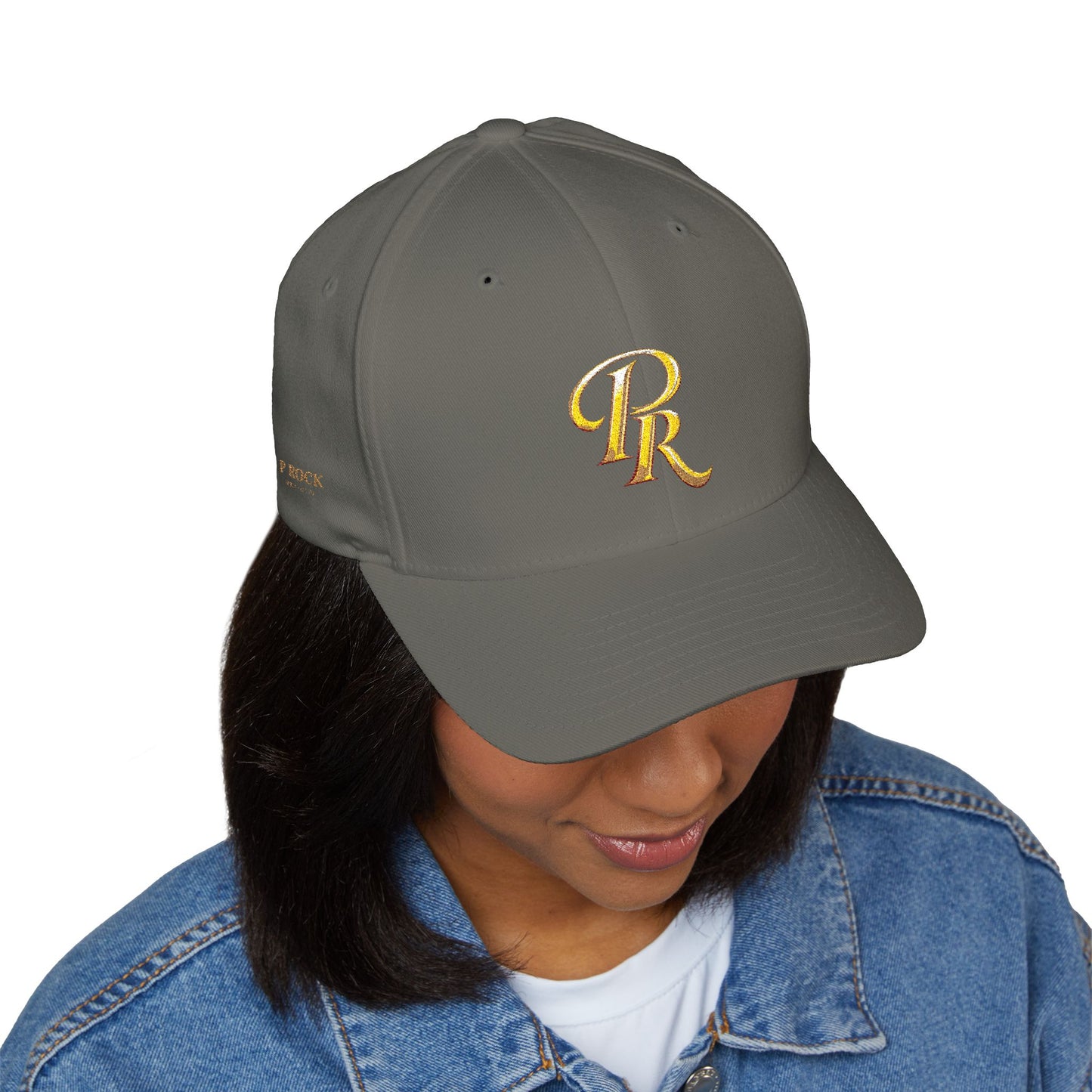 Embroidered Gold Script 'PR' Cap — Structured Closed-Back Baseball Hat