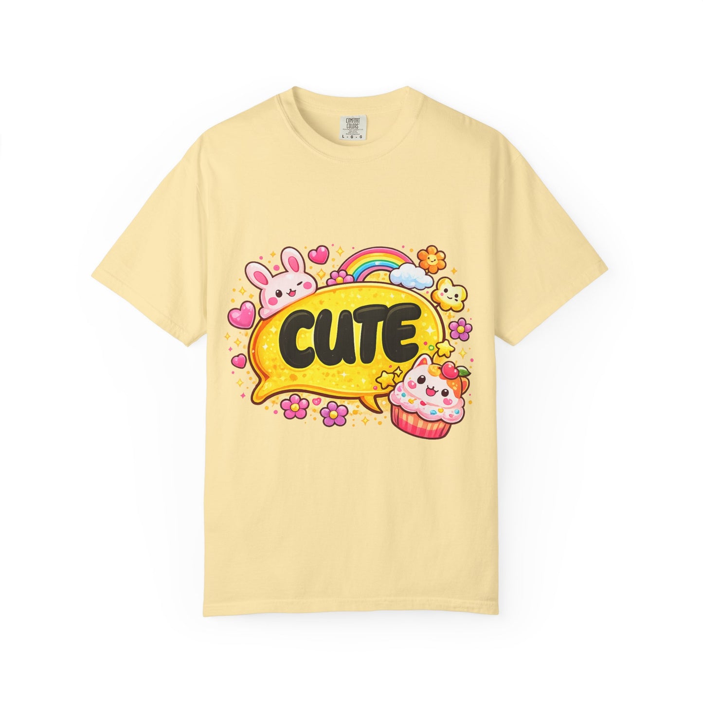 Cute Kawaii Graphic T-Shirt — Cute Bubble Text with Bunny, Rainbow & Cupcake
