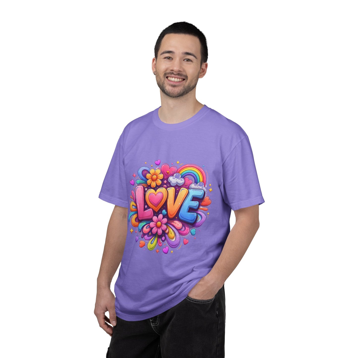 Love Pop Art T-Shirt — Colorful Rainbow Heart & Flower Graphic Tee