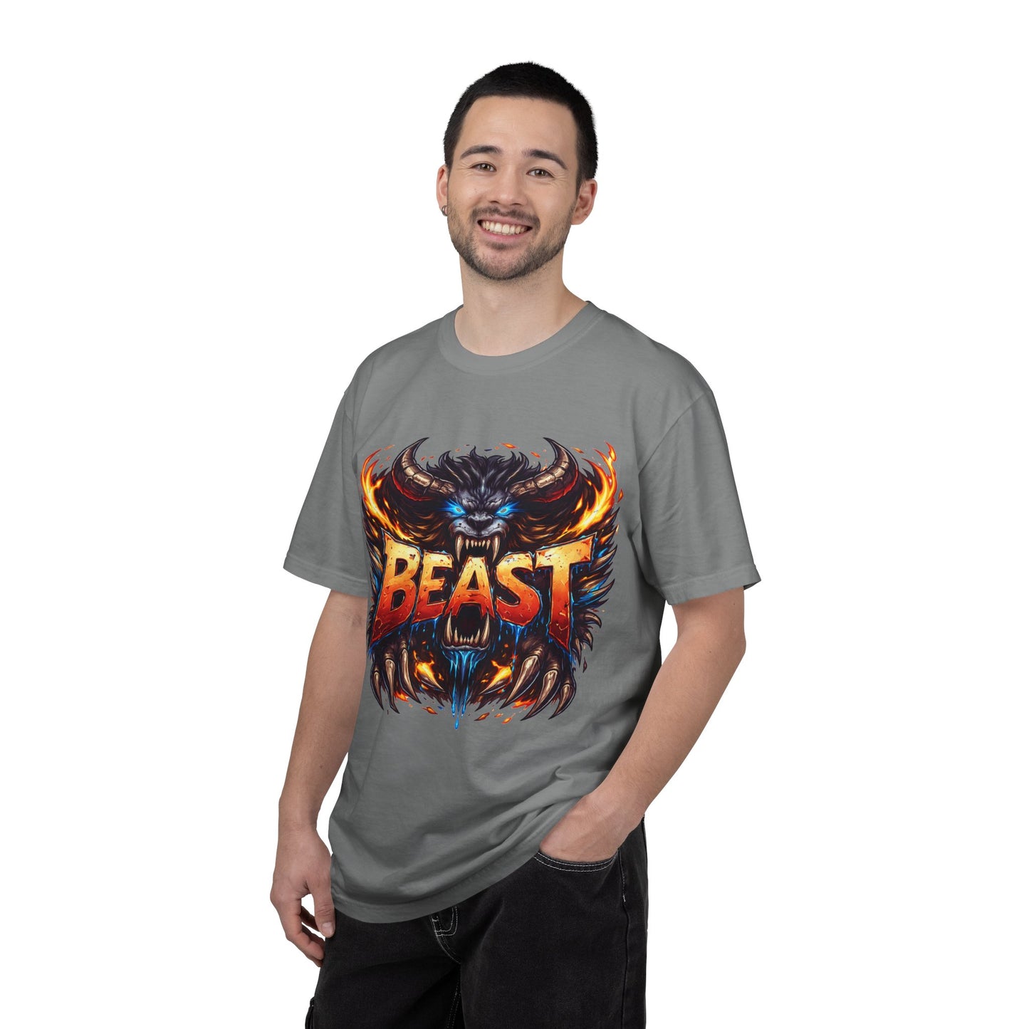 Beast Graphic T-Shirt — Fierce Monster Design, Bold Flame Typography