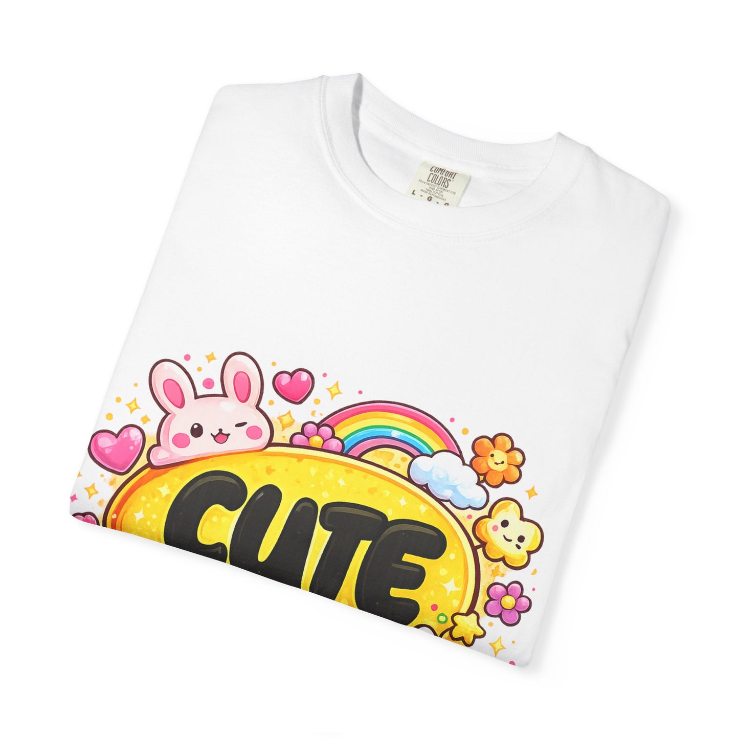 Cute Kawaii Graphic T-Shirt — Cute Bubble Text with Bunny, Rainbow & Cupcake