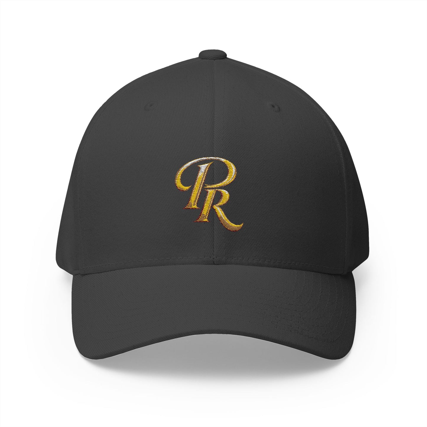 Embroidered Gold Script 'PR' Cap — Structured Closed-Back Baseball Hat
