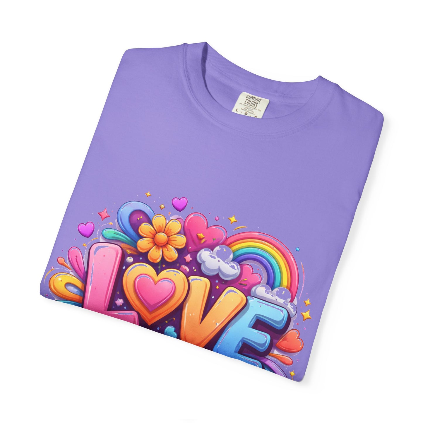 Love Pop Art T-Shirt — Colorful Rainbow Heart & Flower Graphic Tee