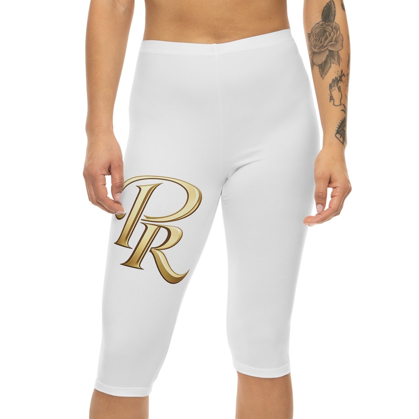 PR Monogram Capri Leggings - Gold Script Initials on White