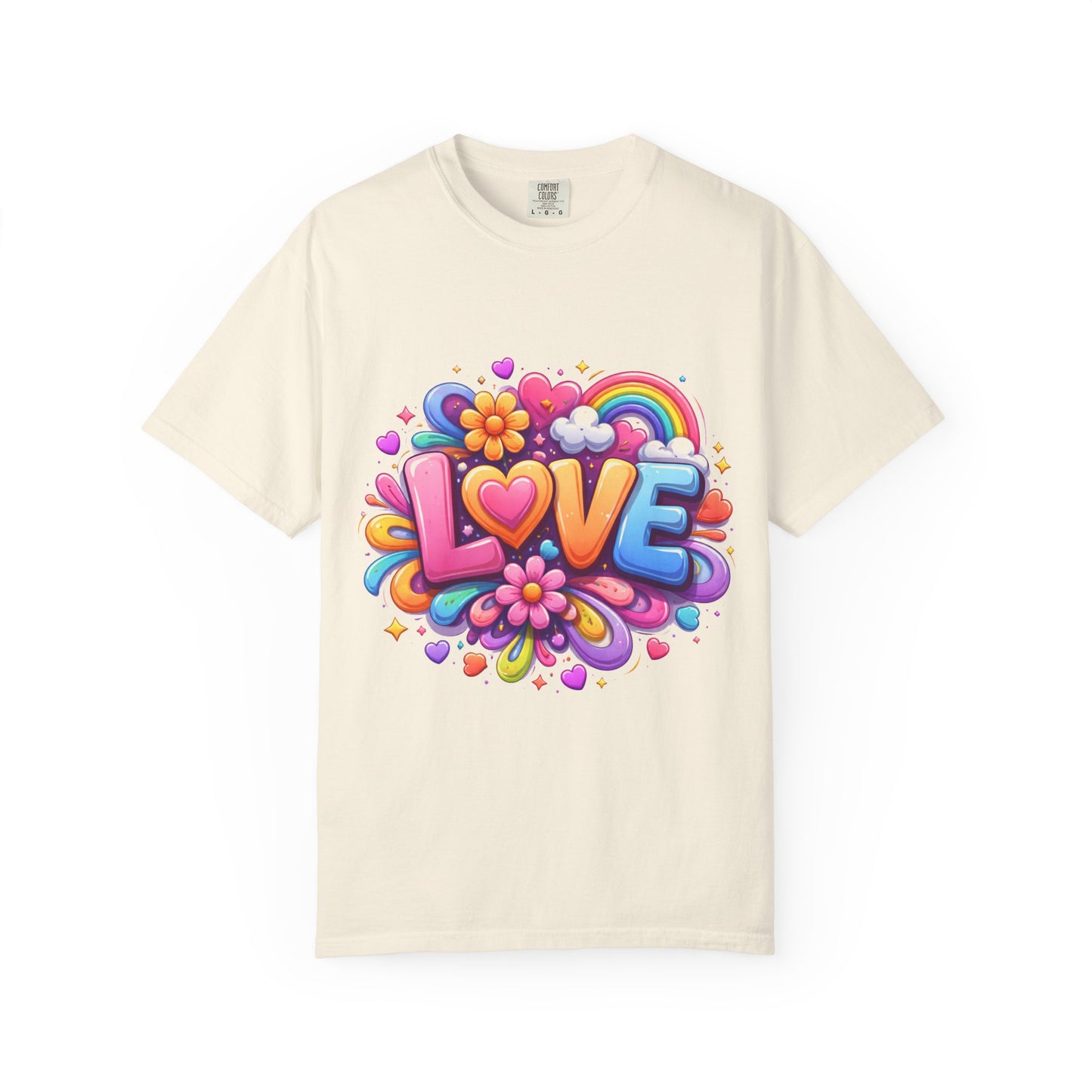 Love Pop Art T-Shirt — Colorful Rainbow Heart & Flower Graphic Tee