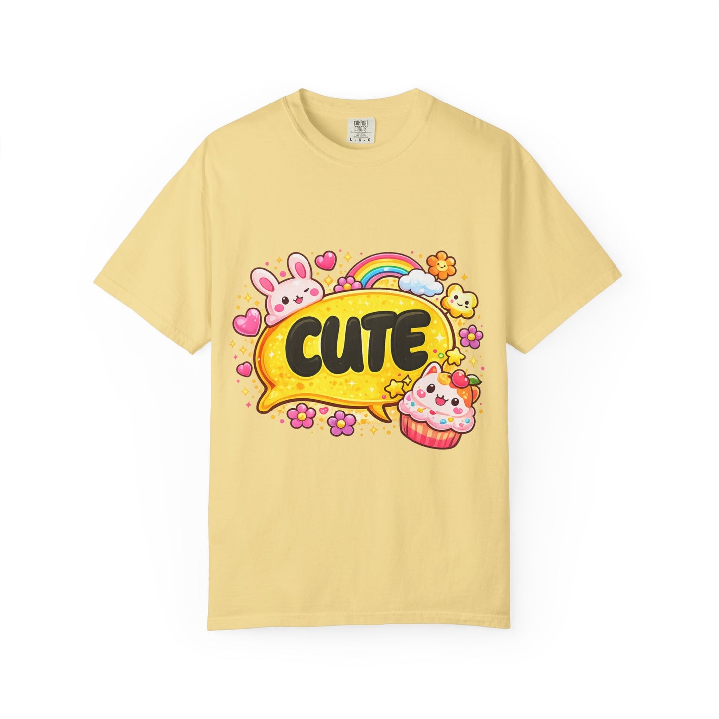 Cute Kawaii Graphic T-Shirt — Cute Bubble Text with Bunny, Rainbow & Cupcake