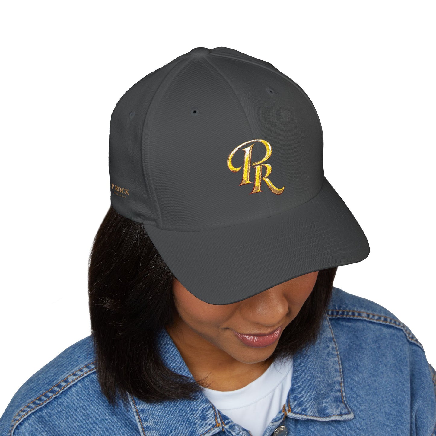 Embroidered Gold Script 'PR' Cap — Structured Closed-Back Baseball Hat
