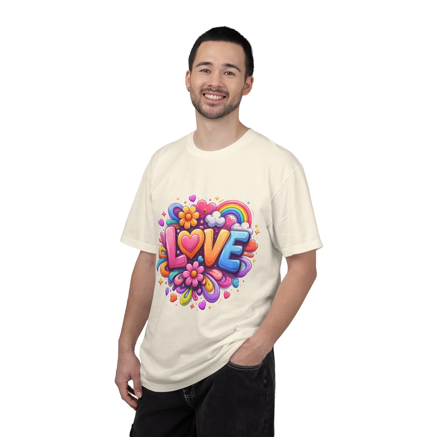 Love Pop Art T-Shirt — Colorful Rainbow Heart & Flower Graphic Tee