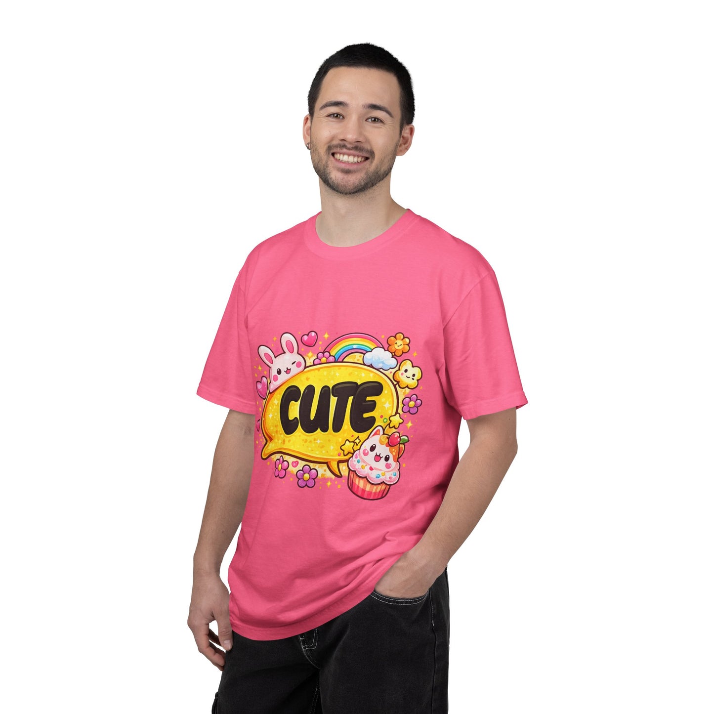 Cute Kawaii Graphic T-Shirt — Cute Bubble Text with Bunny, Rainbow & Cupcake