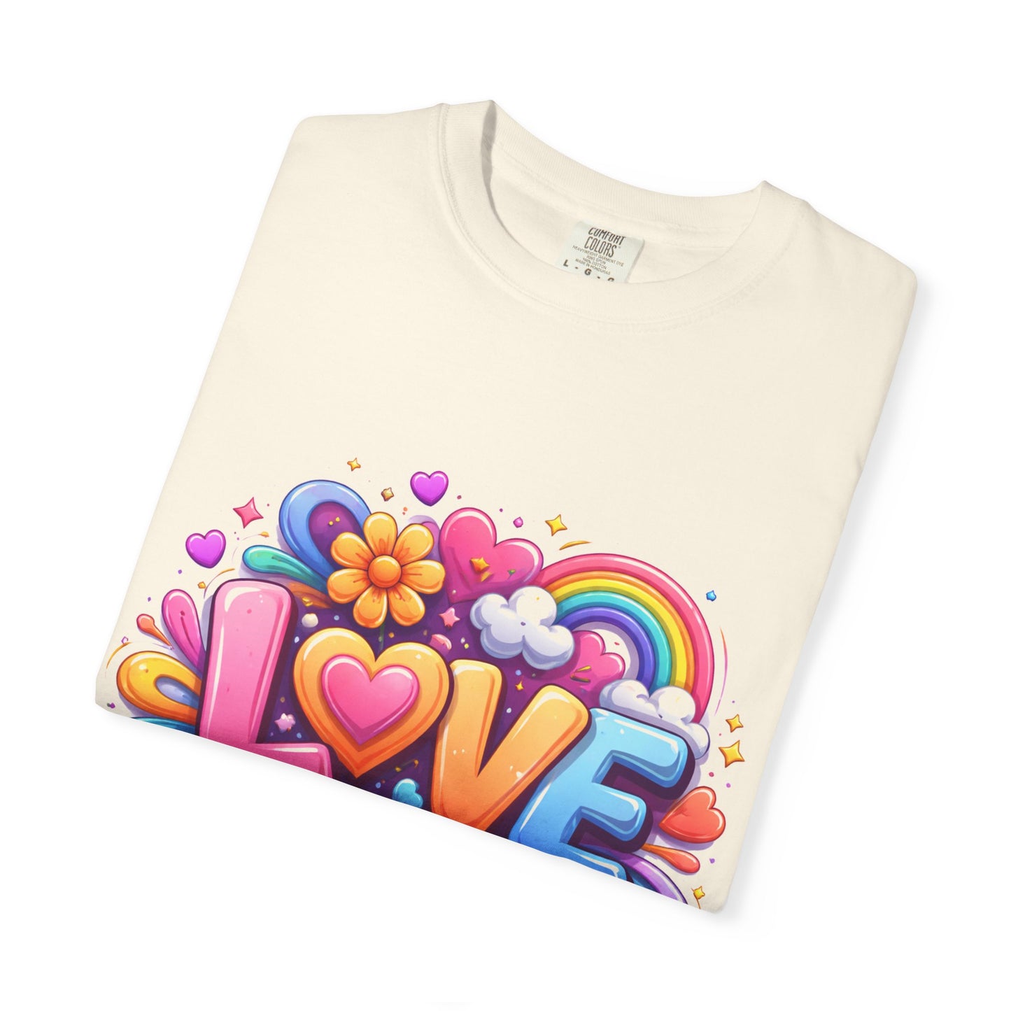 Love Pop Art T-Shirt — Colorful Rainbow Heart & Flower Graphic Tee