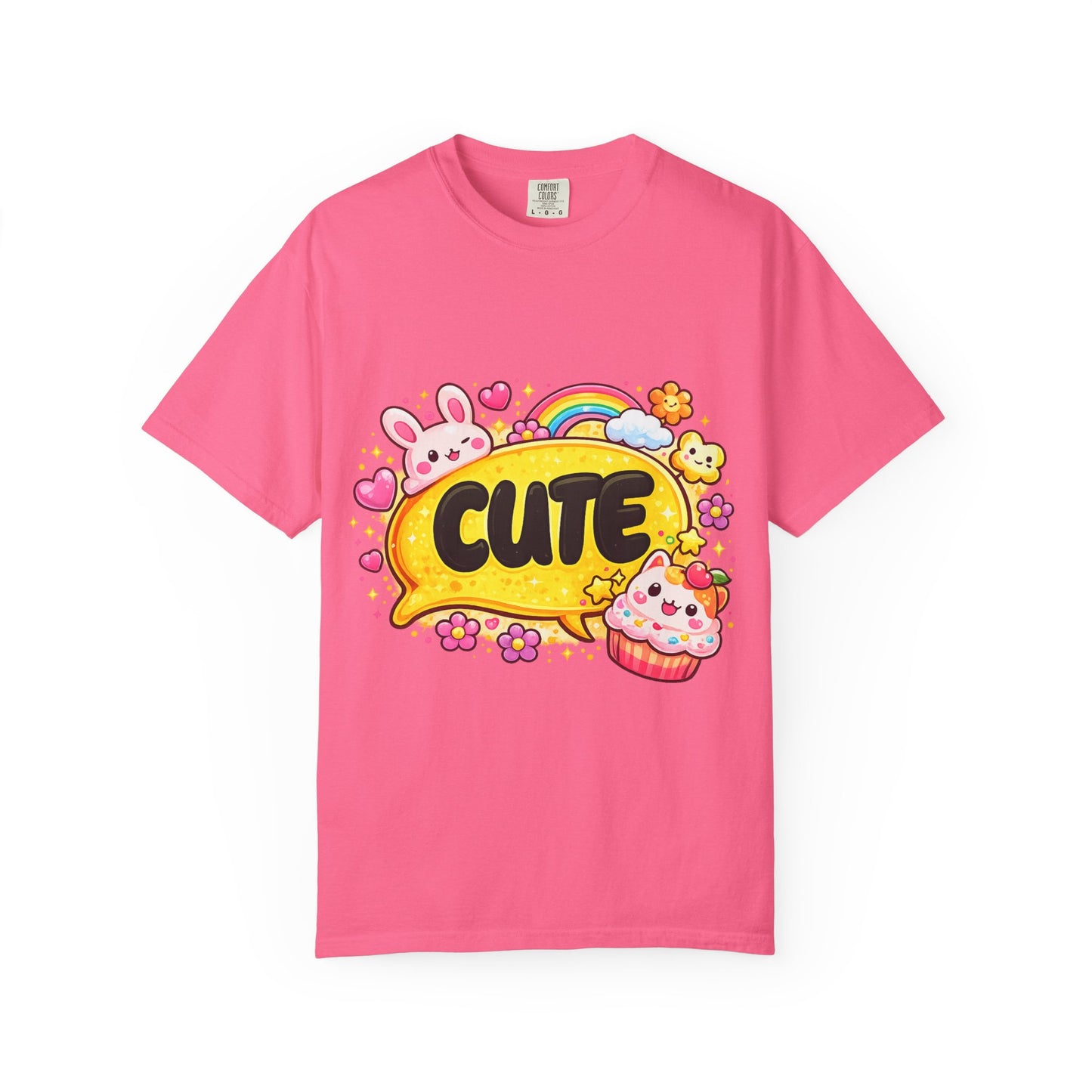 Cute Kawaii Graphic T-Shirt — Cute Bubble Text with Bunny, Rainbow & Cupcake
