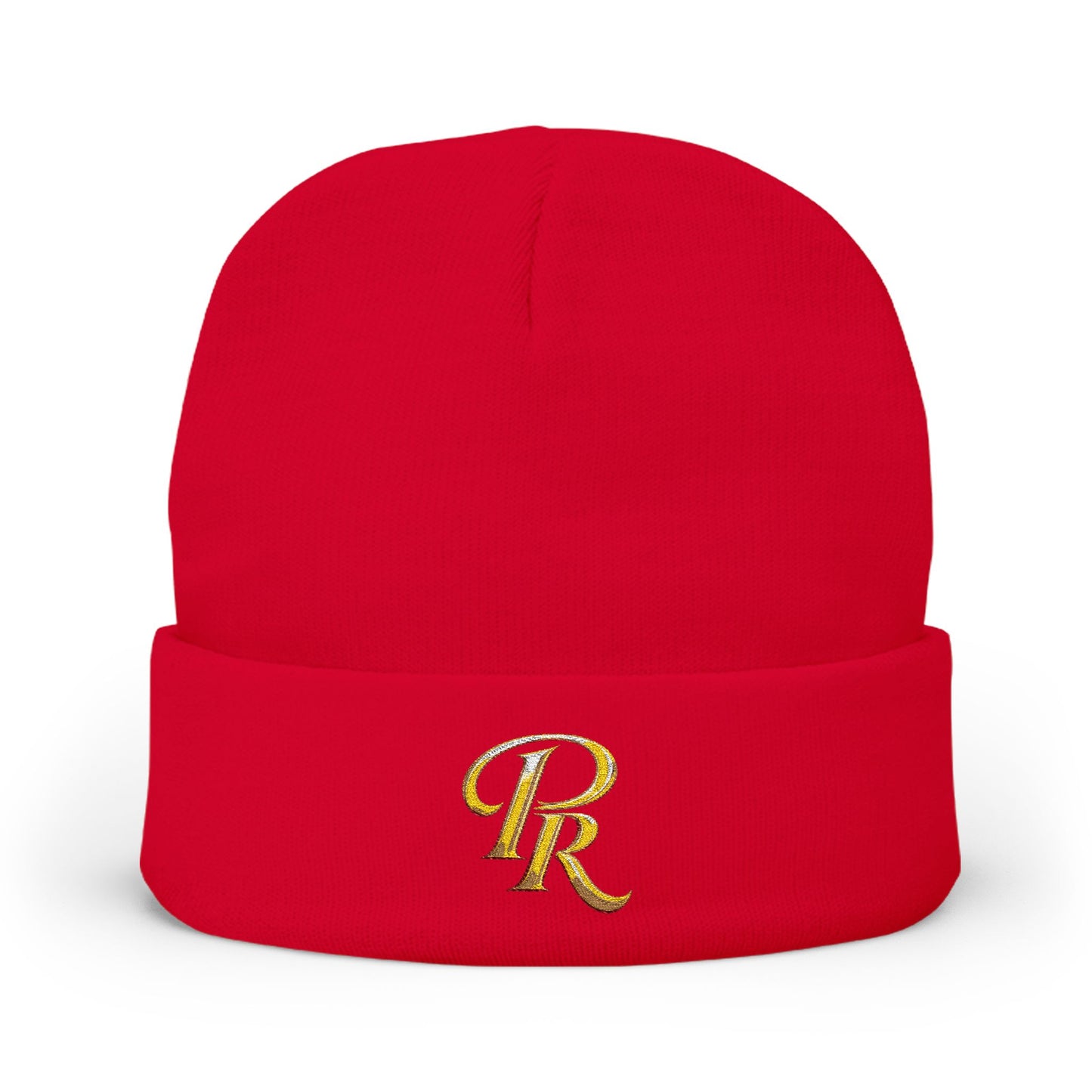 Embroidered Gold Script "PR" Knit Beanie