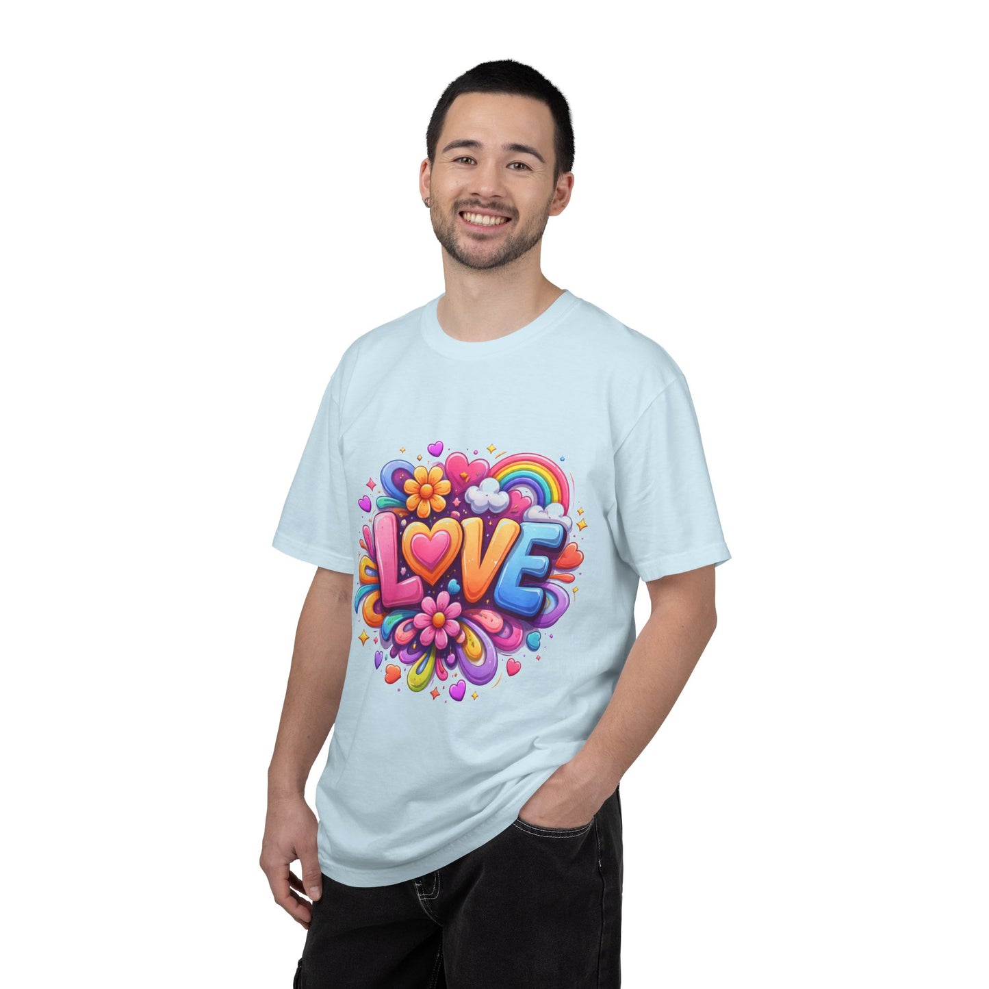 Love Pop Art T-Shirt — Colorful Rainbow Heart & Flower Graphic Tee