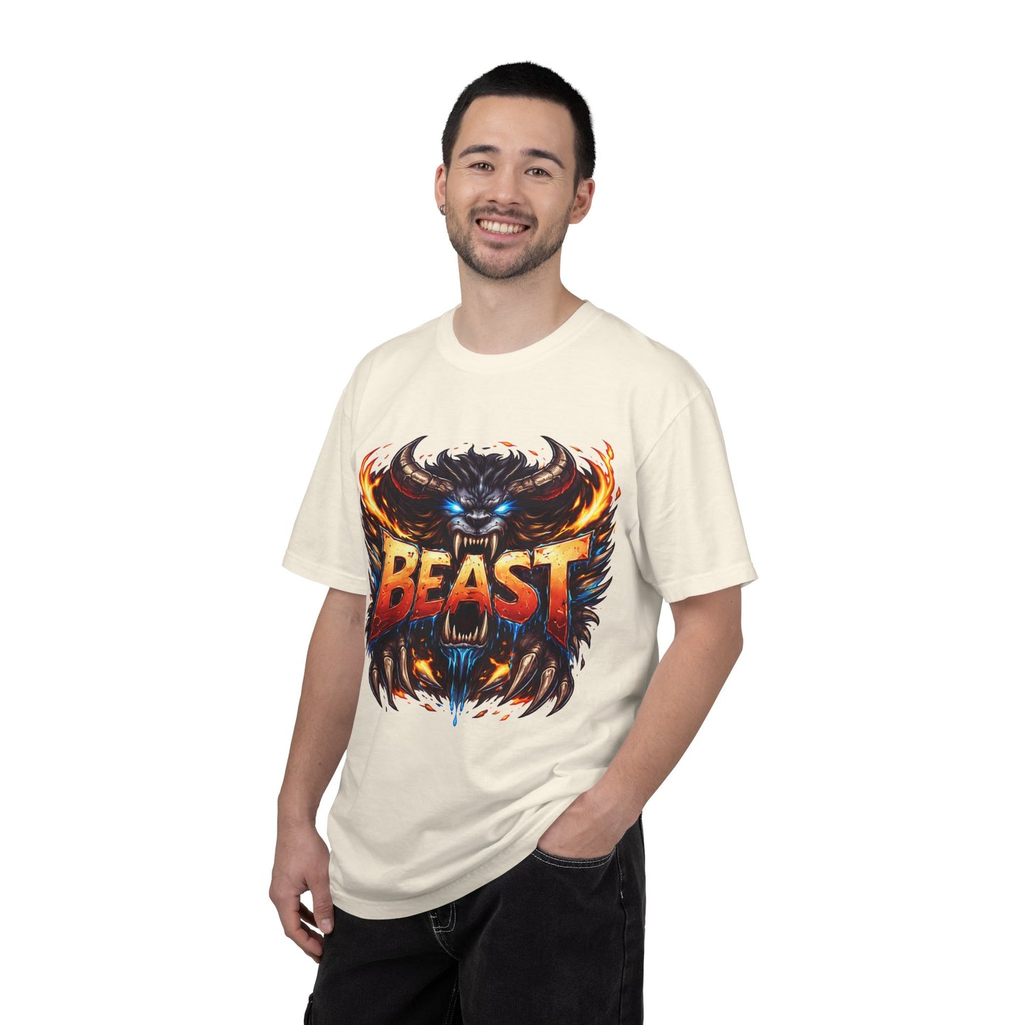 Beast Graphic T-Shirt — Fierce Monster Design, Bold Flame Typography