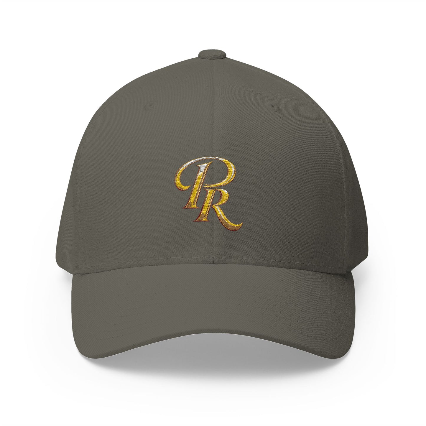 Embroidered Gold Script 'PR' Cap — Structured Closed-Back Baseball Hat