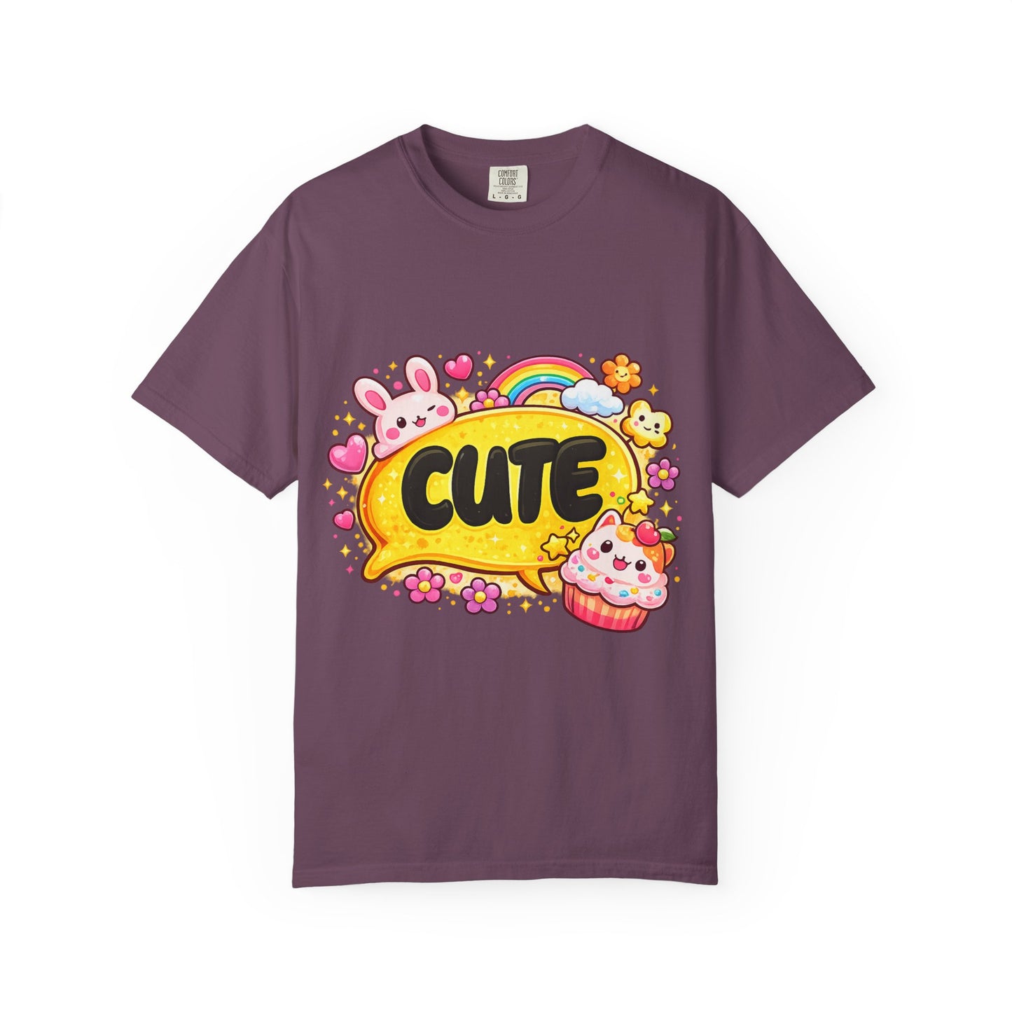 Cute Kawaii Graphic T-Shirt — Cute Bubble Text with Bunny, Rainbow & Cupcake