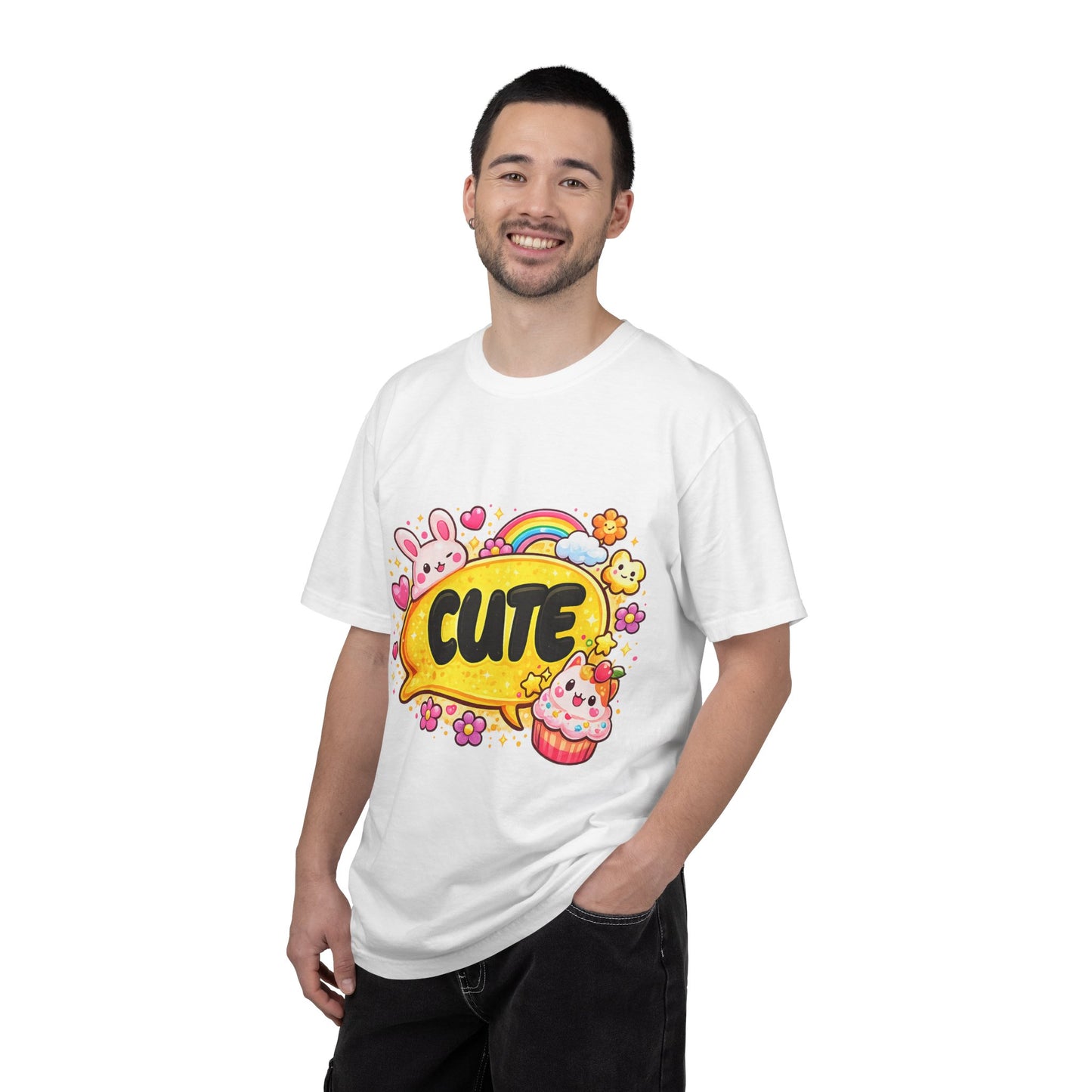 Cute Kawaii Graphic T-Shirt — Cute Bubble Text with Bunny, Rainbow & Cupcake