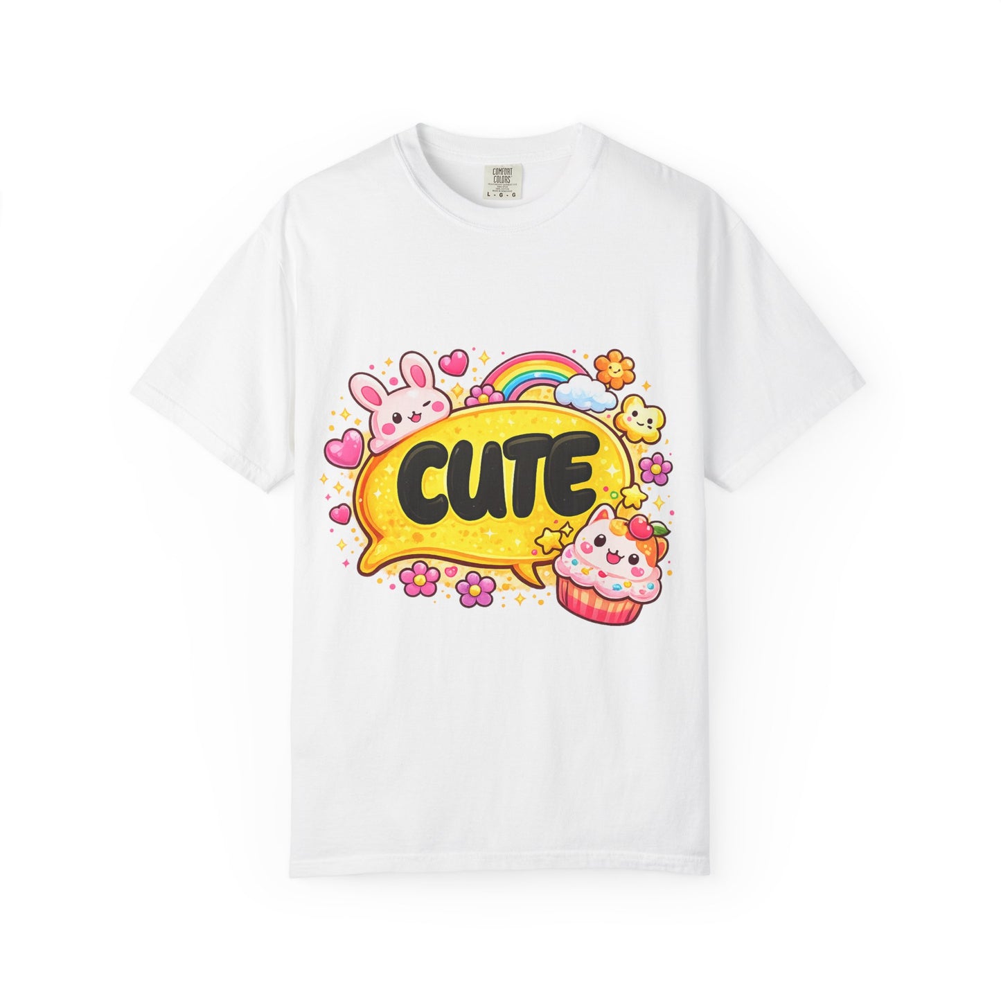 Cute Kawaii Graphic T-Shirt — Cute Bubble Text with Bunny, Rainbow & Cupcake