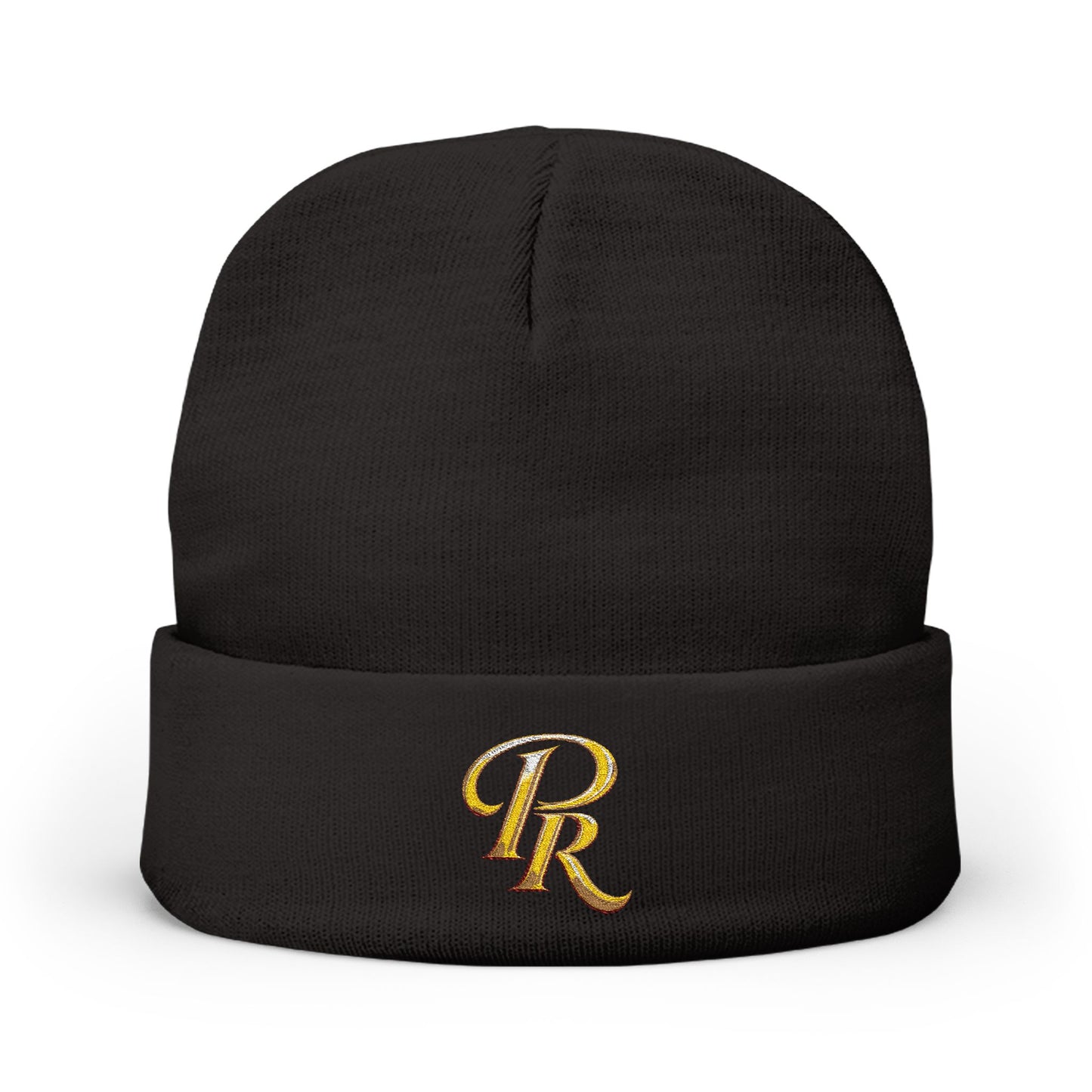 Embroidered Gold Script "PR" Knit Beanie
