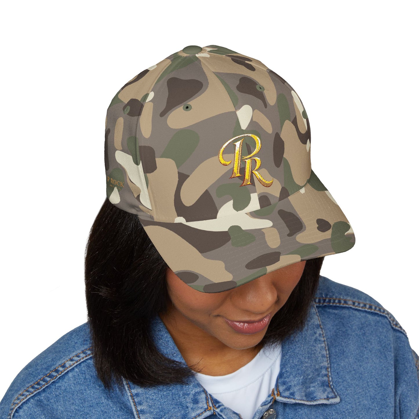 Embroidered Gold Script 'PR' Cap — Structured Closed-Back Baseball Hat