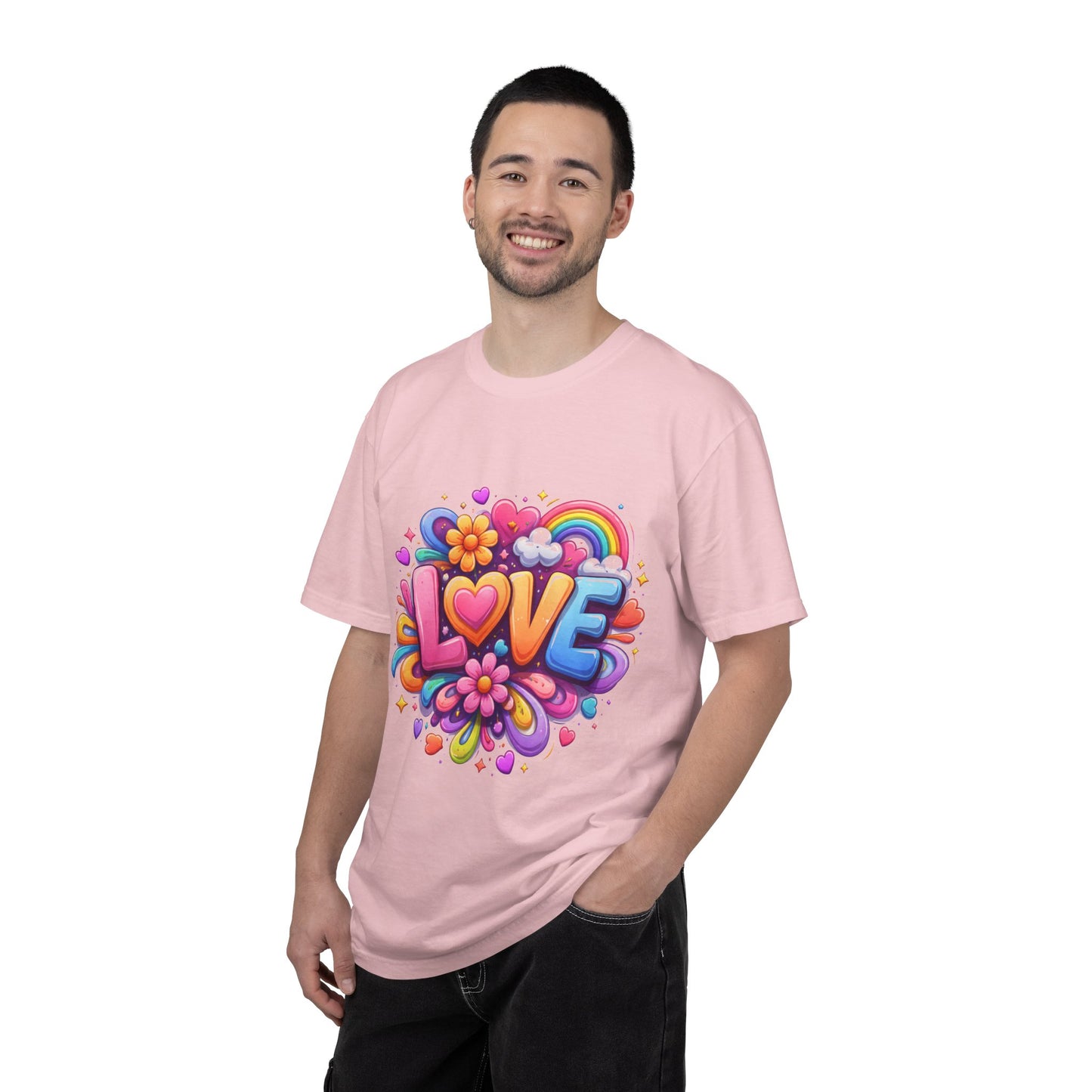 Love Pop Art T-Shirt — Colorful Rainbow Heart & Flower Graphic Tee