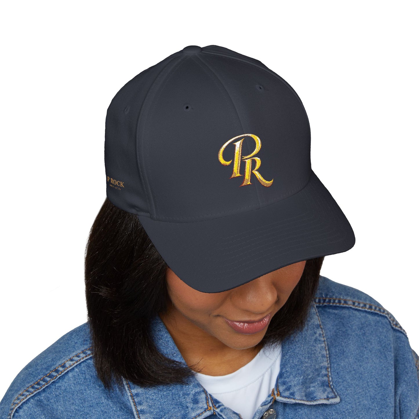 Embroidered Gold Script 'PR' Cap — Structured Closed-Back Baseball Hat