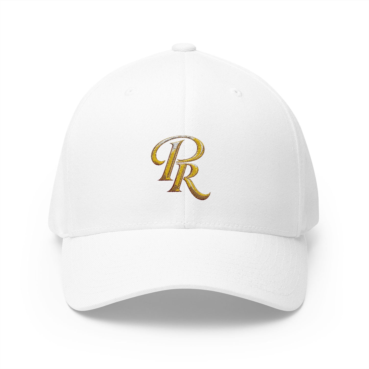 Embroidered Gold Script 'PR' Cap — Structured Closed-Back Baseball Hat