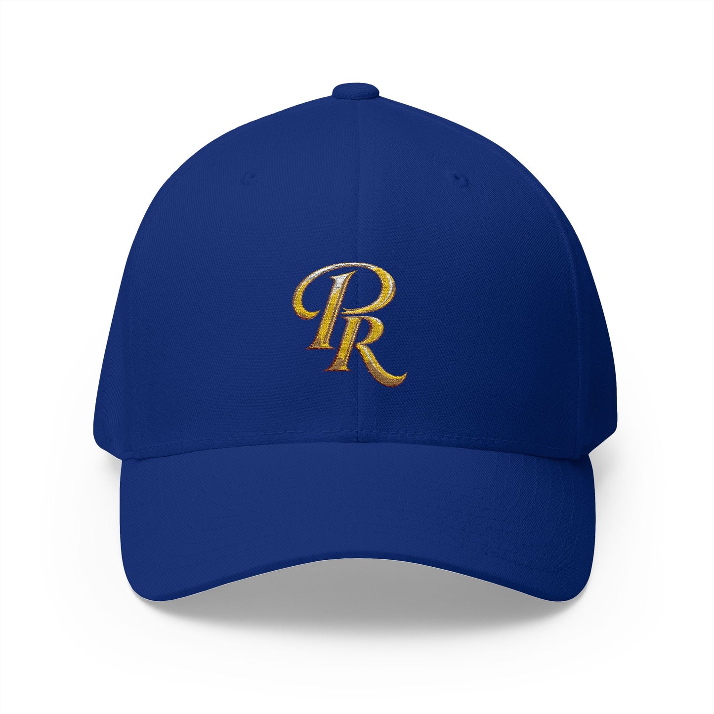 Embroidered Gold Script 'PR' Cap — Structured Closed-Back Baseball Hat