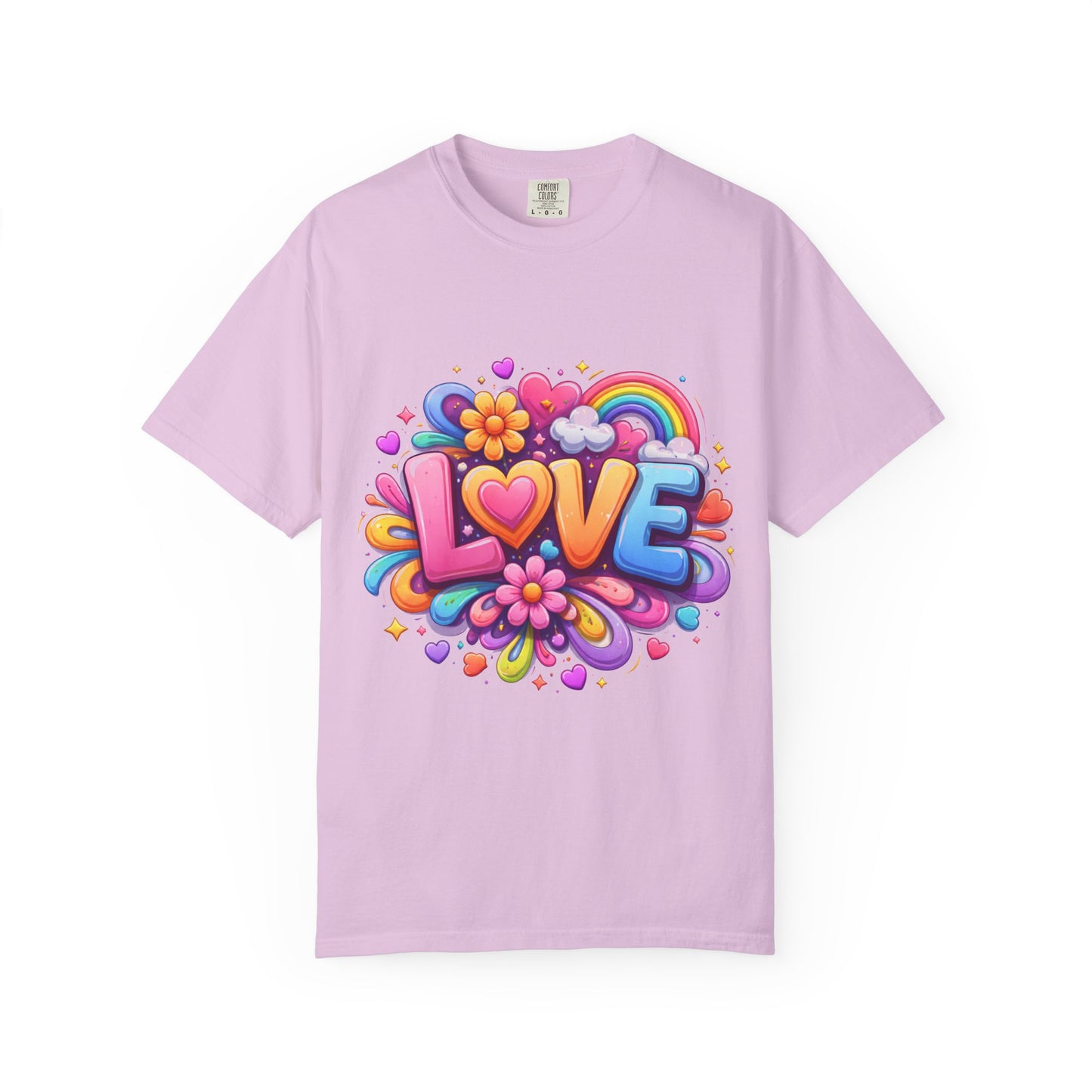Love Pop Art T-Shirt — Colorful Rainbow Heart & Flower Graphic Tee