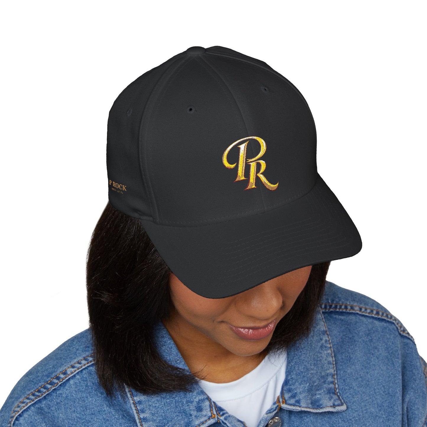 Embroidered Gold Script 'PR' Cap — Structured Closed-Back Baseball Hat